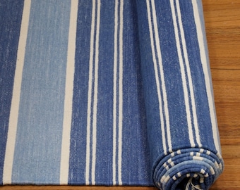 Handwoven Handmade Cotton Area Rug Flat Weave Natural Vegetable Dyed Blue Striped Indian Dhurrie Reversible Wall Tapestry Living Room Rug