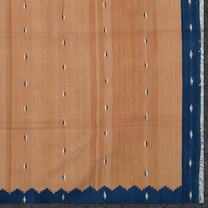 Indian Cotton Dhurrie Rug For Home, Reversible Hand Woven Scandinavian Area Rug, Yellow Ochre And Blue Flat Weave Natural Dyed Floor Carpet