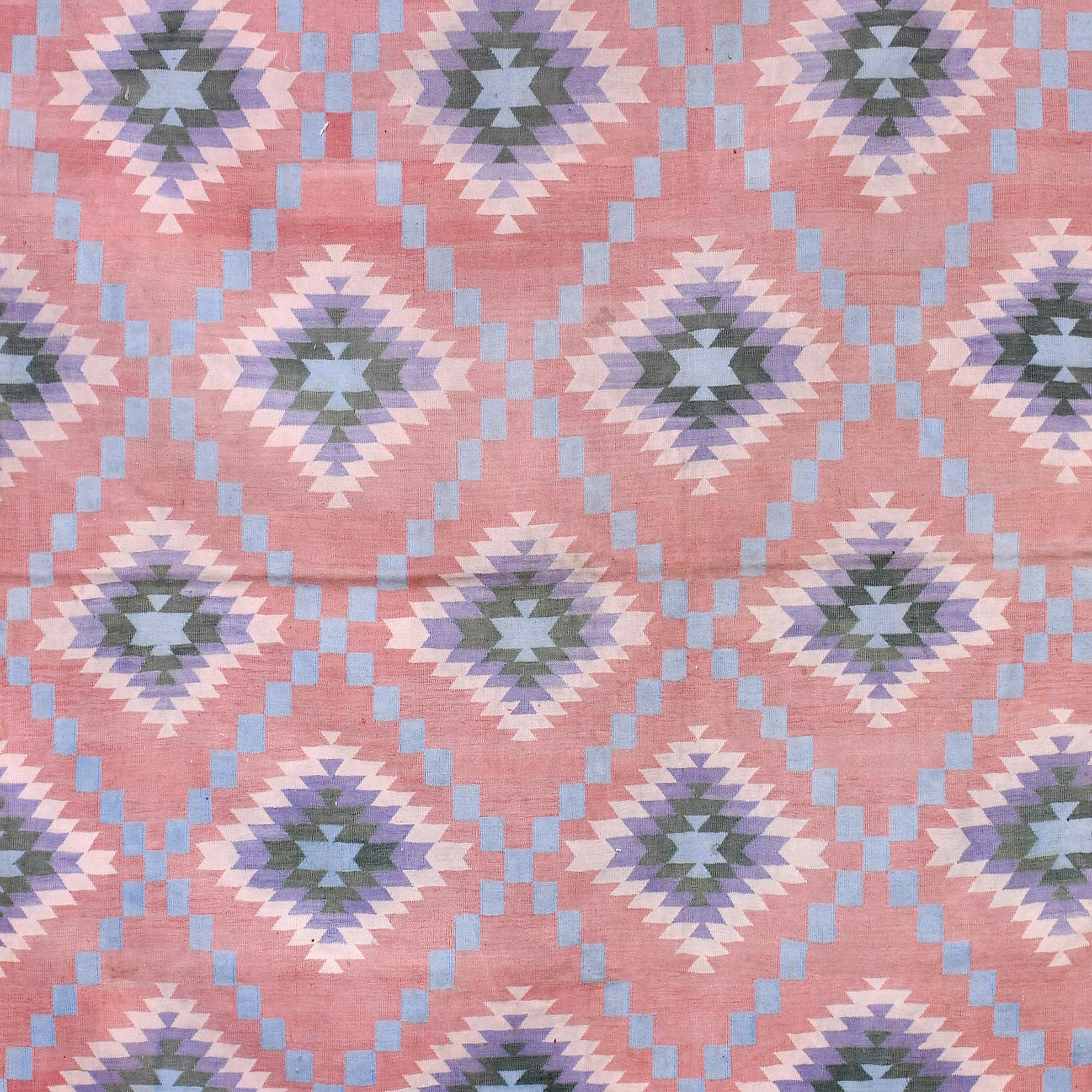 手織り キリム ラグ 幾何学模様 リバーシブル 　サイズ：240×130cm 手織りコットンラグ、リバーシブル、ピンク、幾何学模様、平織り