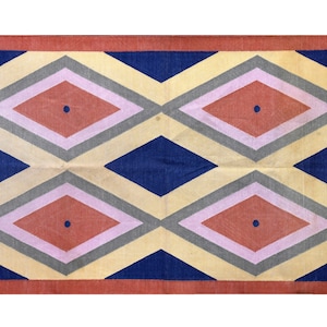 Handmade Cotton Area Rug Modern Geometric Pattern Natural Vegetable Dyed Indian Dhurrie Reversible Wall Tapestry One of a Kind Rug