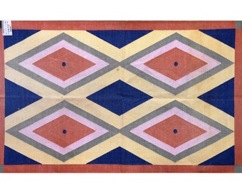 Handmade Cotton Area Rug Modern Geometric Pattern Natural Vegetable Dyed Indian Dhurrie Reversible Wall Tapestry One of a Kind Rug