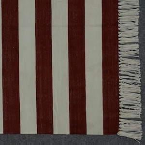 Handmade Cotton Rug Brown and White Flatweave Striped Dhurrie Custom Size Eco-Friendly Area Rug Washable Reversible Dhurry Christmas Gift