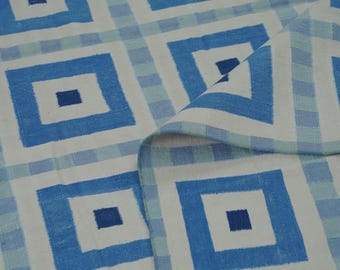 Blue Geometric Kilim Rug | Handwoven Cotton Dhurrie Flatweave | Reversible Square Pattern Area Rug for Living Room & Bedroom