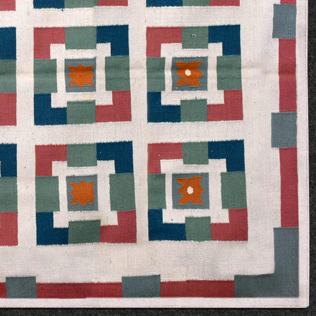 Handwoven Cotton Rug Multi Color Geometric Block Pattern Dhurry ...