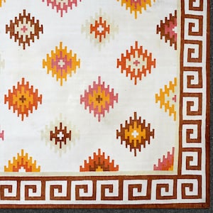 Reversible Indian Cotton Area Rug, Handwoven Kilim Natural Dyed Dhurrie For Decor, Aztec Pattern Flatweave Washable Rug For Home and Bedroom