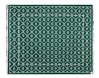Modern Handmade Cotton Flat Weave Natural Vegetable Dyed Geometric Pattern Indian Dhurrie Reversible Wall Tapestry One of a Kind Rug