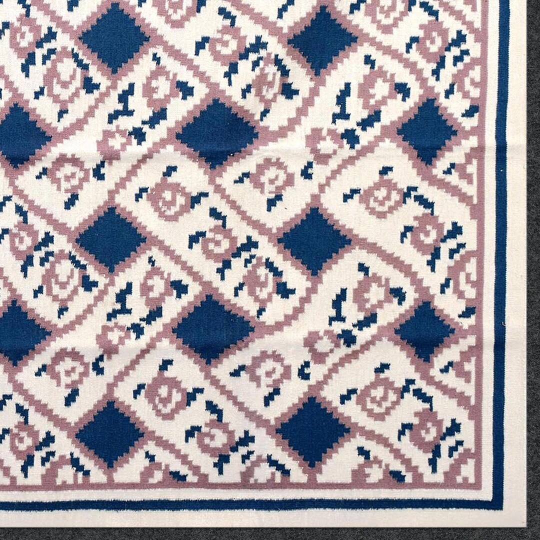 Handwoven Cotton Rug Geometric Floral Pattern Navy Blue White ...
