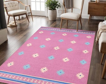 Alfombra rosa de algodón tejida a mano estilo boho dhurrie, alfombra infantil en tonos pastel, alfombra escandinava de tejido plano, alfombra hecha a mano para habitación infantil.