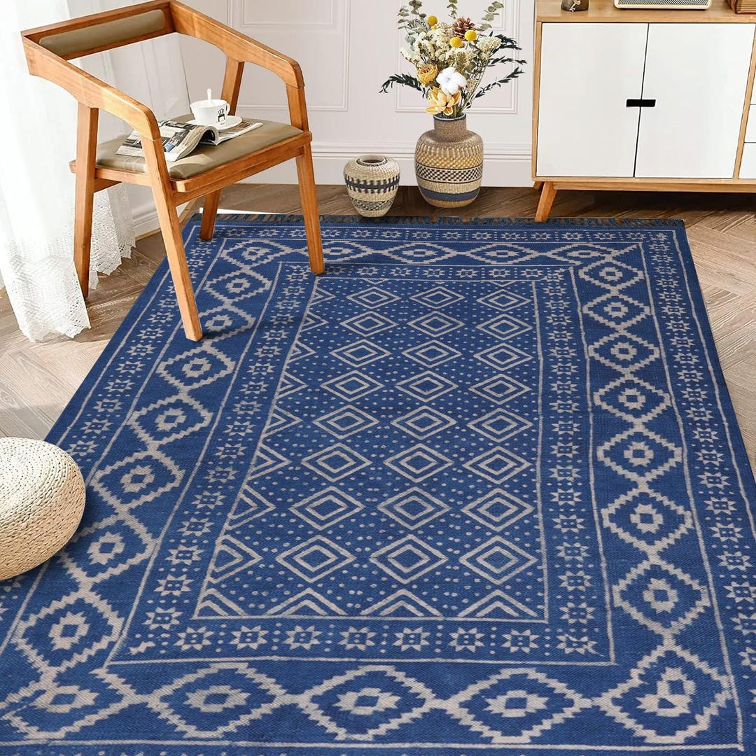 4x6 Indigo Blue Cotton Rug – Hand Block Printed Indian Dhurrie ...