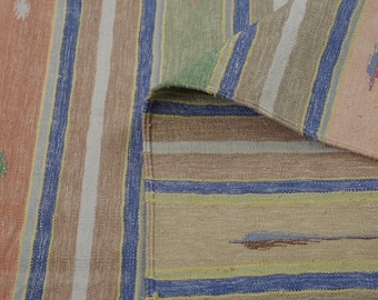 Handwoven Cotton Kilim Rug Dhurrie, Reversible Striped Flatweave Area Rugs, Sustainable Cotton Home Decor Carpet, Vintage Style Runner Rugs
