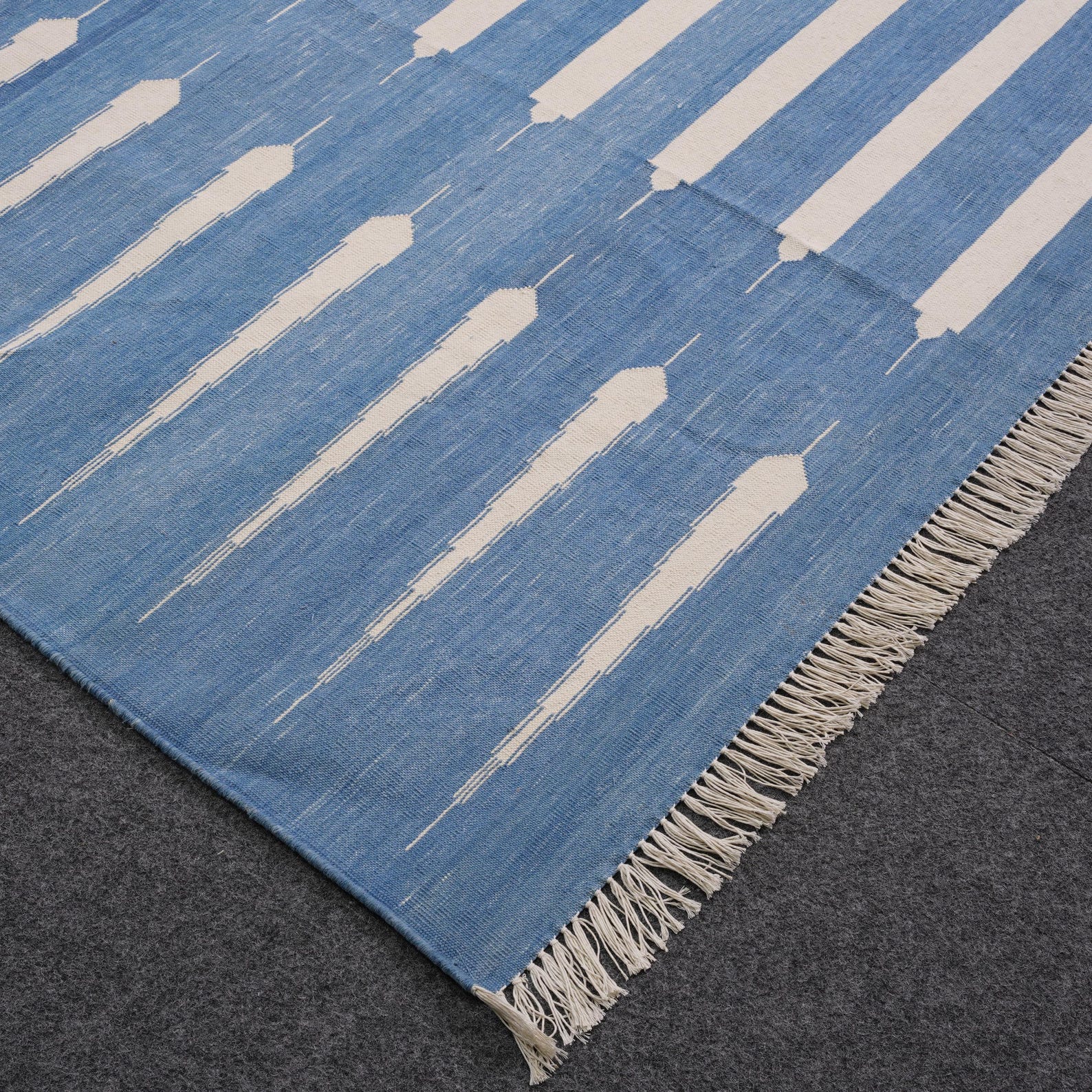 Handwoven Striped Indigo Blue and White Rug Handmade Cotton Area Dhurry ...