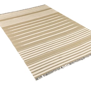 Handmade Cotton Area Rug, Flat Weave Natural Vegetable Dyed Indian Dhurrie,Reversible Striped Pattern Kilim Wall Tapestry Rug For Home Décor