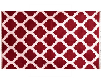 4 x 6.8 Feet Handmade Indian Woolen Kilim Rug, Handwoven Flatweave Red White Rectangular Carpet, Reversible Dhurrie Rugs For Living Room