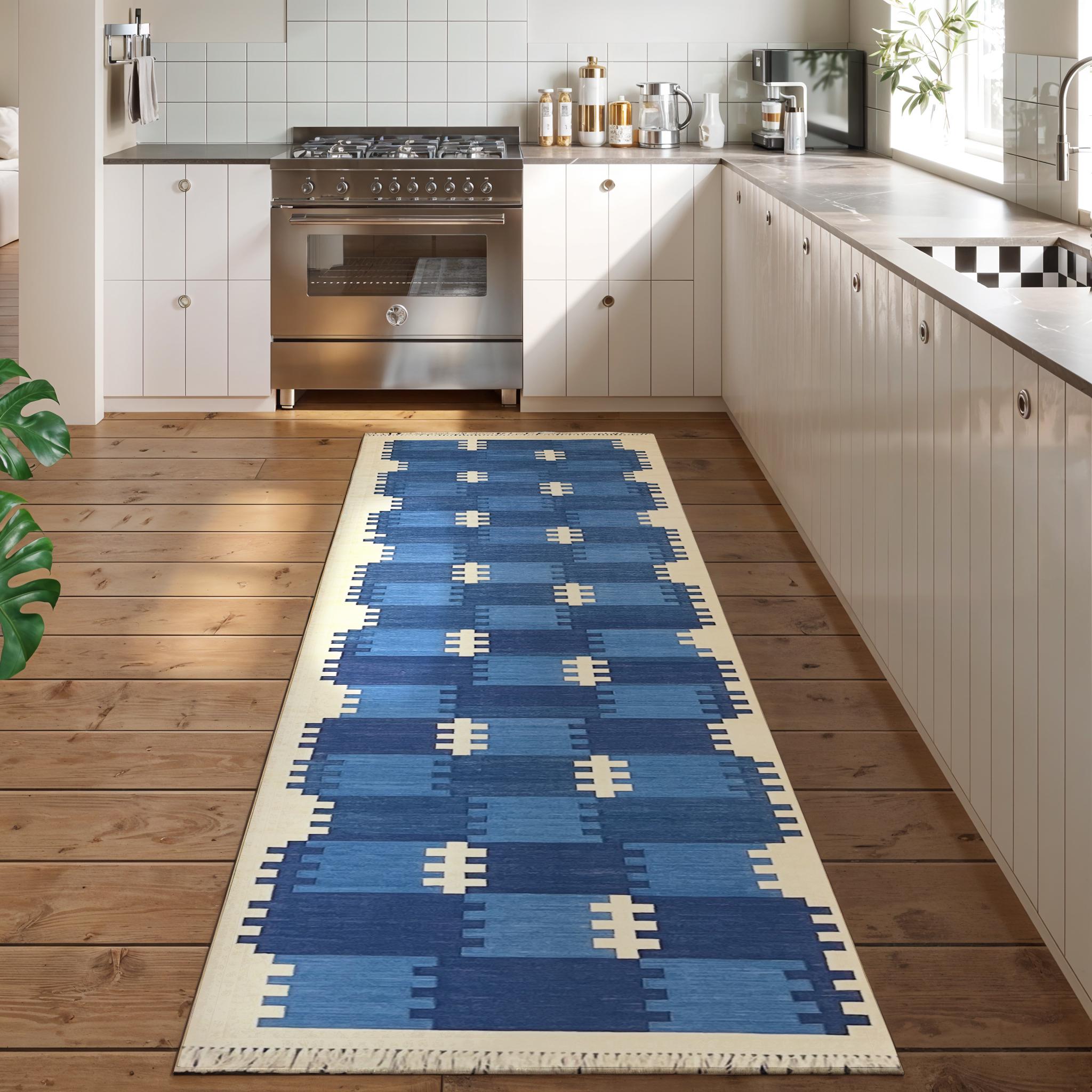 Handwoven Dhurrie Rug Blue Grid Pattern Cotton Rug, Mid-century Modern ...
