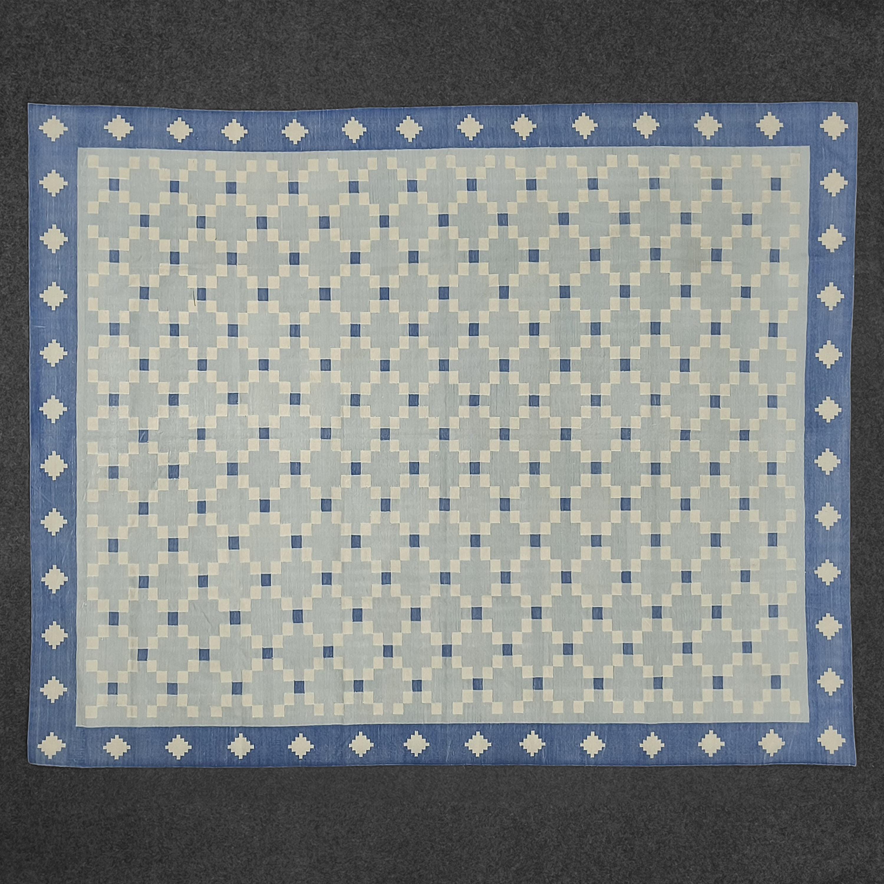 Handwoven Blue Cotton Rug Geometric Pattern Modern Kilim Dhurrie ...
