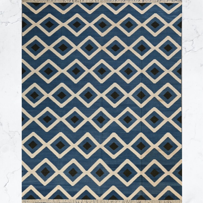 Beautiful Blue Beige And Black Pattern Indian Dhurrie Rug handmade and made with natural vegatable dyed, flatweave thin carpets for home decor, easy to use reversible hand woven large carpet for living room, for bedroom, for floor interior