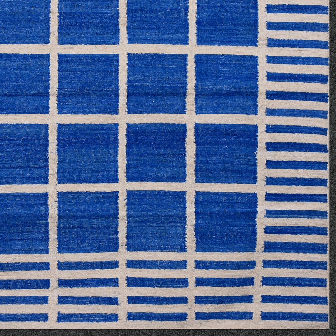 Handwoven Cotton Rug Bold Blue & White Grid Pattern Dhurry Reversible ...