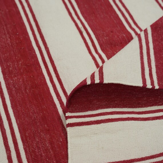 Handmade Flat Weave Rug, Trendy Cotton Red And White Striped Pattern Reversible Dhurrie, Home And Living Room, Hallway Area Décor Rug