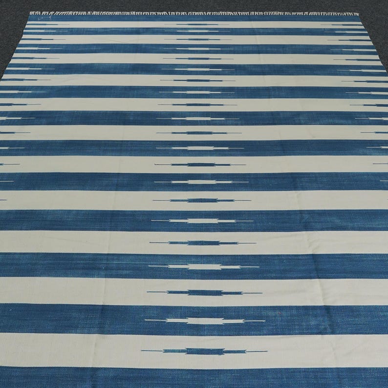 Handmade Cotton Area Rug, Indigo White Flat Weave Natural Vegetable ...