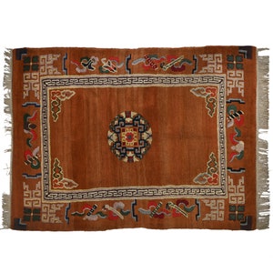 Handwoven Vintage Thick Pile construction 4 x 5.9 Ft Carpet 100 Years old Wool Tibetan Area Rug Home Decor Tribal Office Rug Carpet