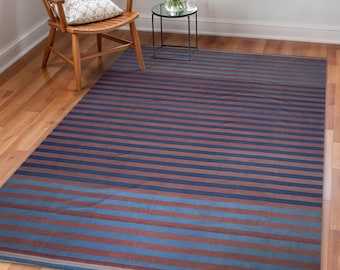 Handwoven Striped Cotton Area Kilim Flat Weave Natural Vegetable Dyed Dhurrie Reversible Custom Rug Wall Tapestry Indian Dhurrie Carpet Gift