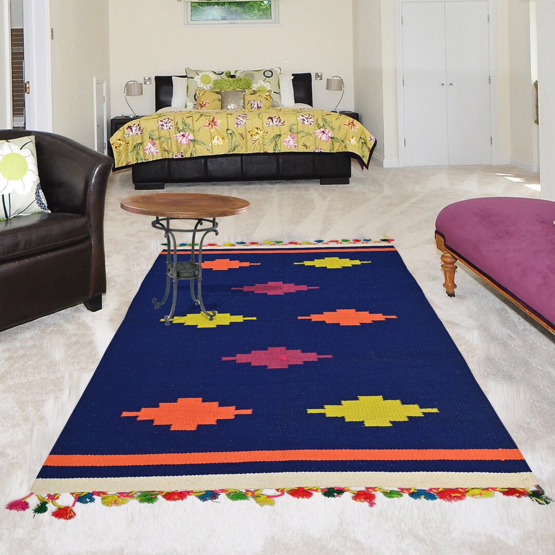 Punjabi Rugs Navy Blue Multicolor Punjabi Dhurrie Rug 3.3x6.9 Ft | Handmade Cotton ...