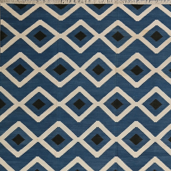 Handmade Flat Weave Rug, Trendy Cotton Indigo Blue Geometric Pattern Reversible Dhurrie,Home And Living Room, Bedroom,Hallway Area Décor Rug