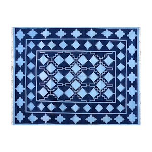 Handwoven Cotton Kilim Rug Dhurrie, Reversible Indian Handmade Indigo Blue Flatweave Area Rug For Room, Large Wall Tapestry For Wall Decor