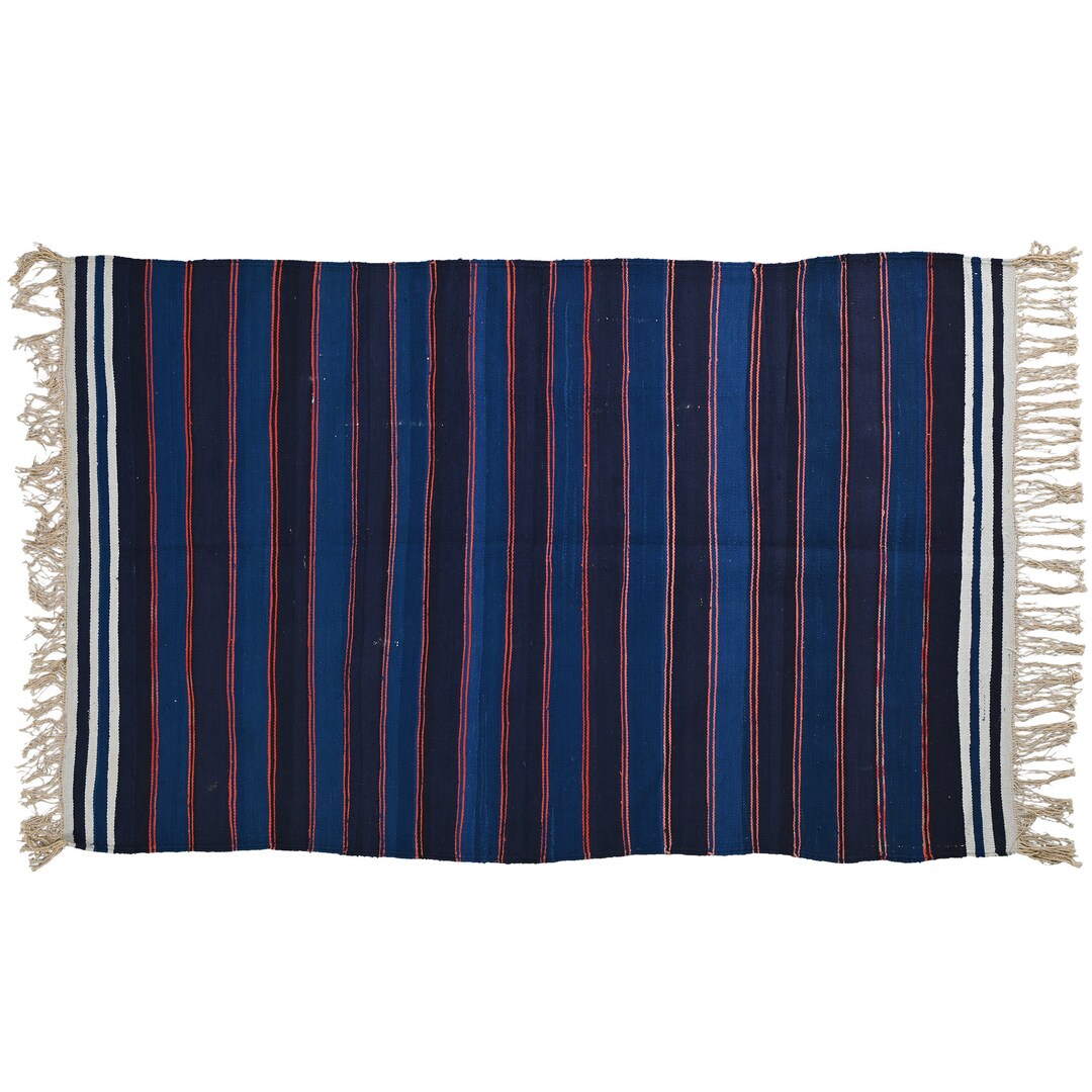 Punjabi Rugs Modern Handmade Punjabi Dhurrie Rug 3.6x6 Ft | Indigo Blue Striped ...