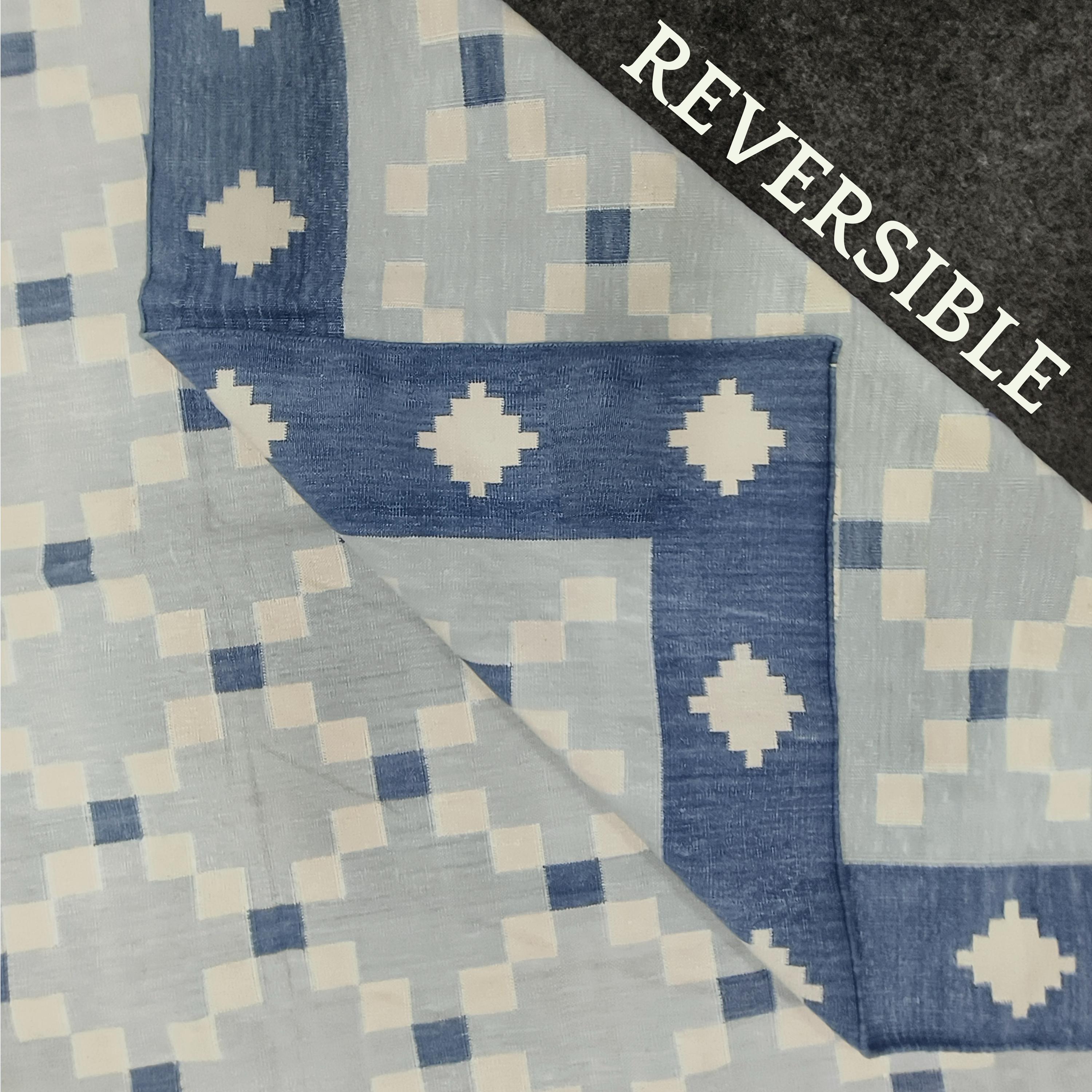 Handwoven Blue Cotton Rug Geometric Pattern Modern Kilim Dhurrie ...