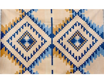 Ready to Ship Handwoven Dhurrie Rug 5'10"x9' Blue Beige Kilim Rug Geometric Cotton Area Rug Flatweave Living Room Rug