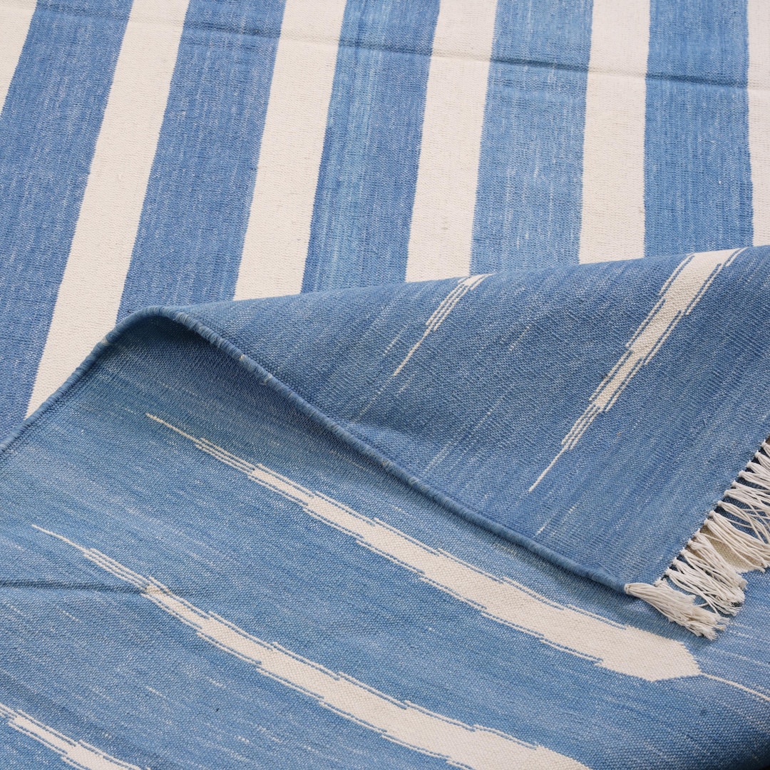 Handwoven Striped Indigo Blue and White Rug Handmade Cotton Area Dhurry ...