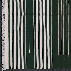 Handwoven Cotton Kilim Rug Dhurrie, Reversible Indian Handmade Flatweave Gren White Striped Area Rug, Large Wall Tapestry For Wall Decor