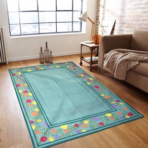 Green Bordered Handwoven woolen kilim Rug, Natural Dyed Indian woolen Durries Carpets, Traditional Handmade Home Decor Area Rug Dhurries
