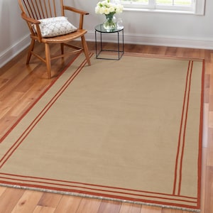 Handwoven Cotton Area Rug For Bedroom living room, Flat Weave Boho Kilim Pet Friendly Rug For Home, Beige Striped Indian Dhurrie In All Size