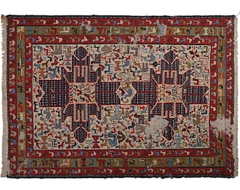 Handgeweven vintage dikke poolconstructie 3,9 x 5,3 voet wollen tapijt 100 jaar oud Marokkaans geweven tapijt woondecoratie Tribal kantoortapijt Tapijt