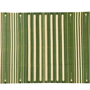 Indian Cotton Dhurrie Rug For Home, Traditional Flat Weave Green Striped Natural Dyed Floor Carpet, Reversible Hand Woven Scandinavian Rug