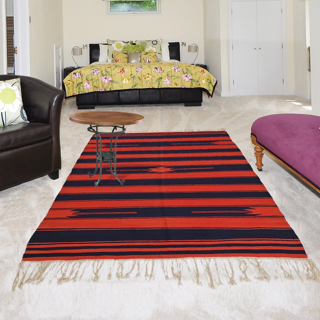 Punjabi Rug Pattern Blue Red Striped Punjabi Dhurrie Rug 3.3x6 Ft | Handmade Cotton ...
