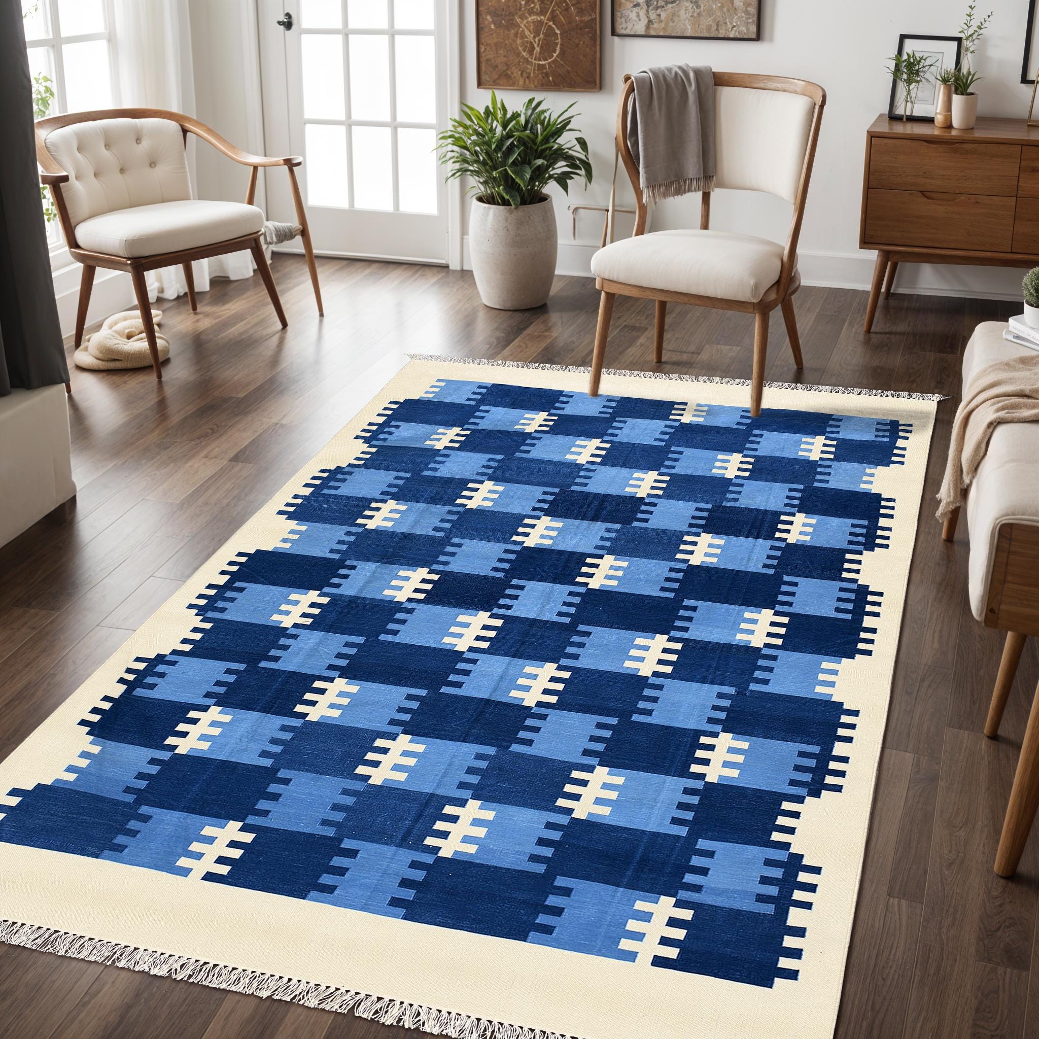 Handwoven Dhurrie Rug Blue Grid Pattern Cotton Rug, Mid-century Modern ...