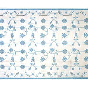 Handmade Cotton Area Rug, Flat Weave Natural Vegetable Dyed Floral Pattern Indian Dhurrie, Reversible Wall Tapestry Rug For Entryway Decor