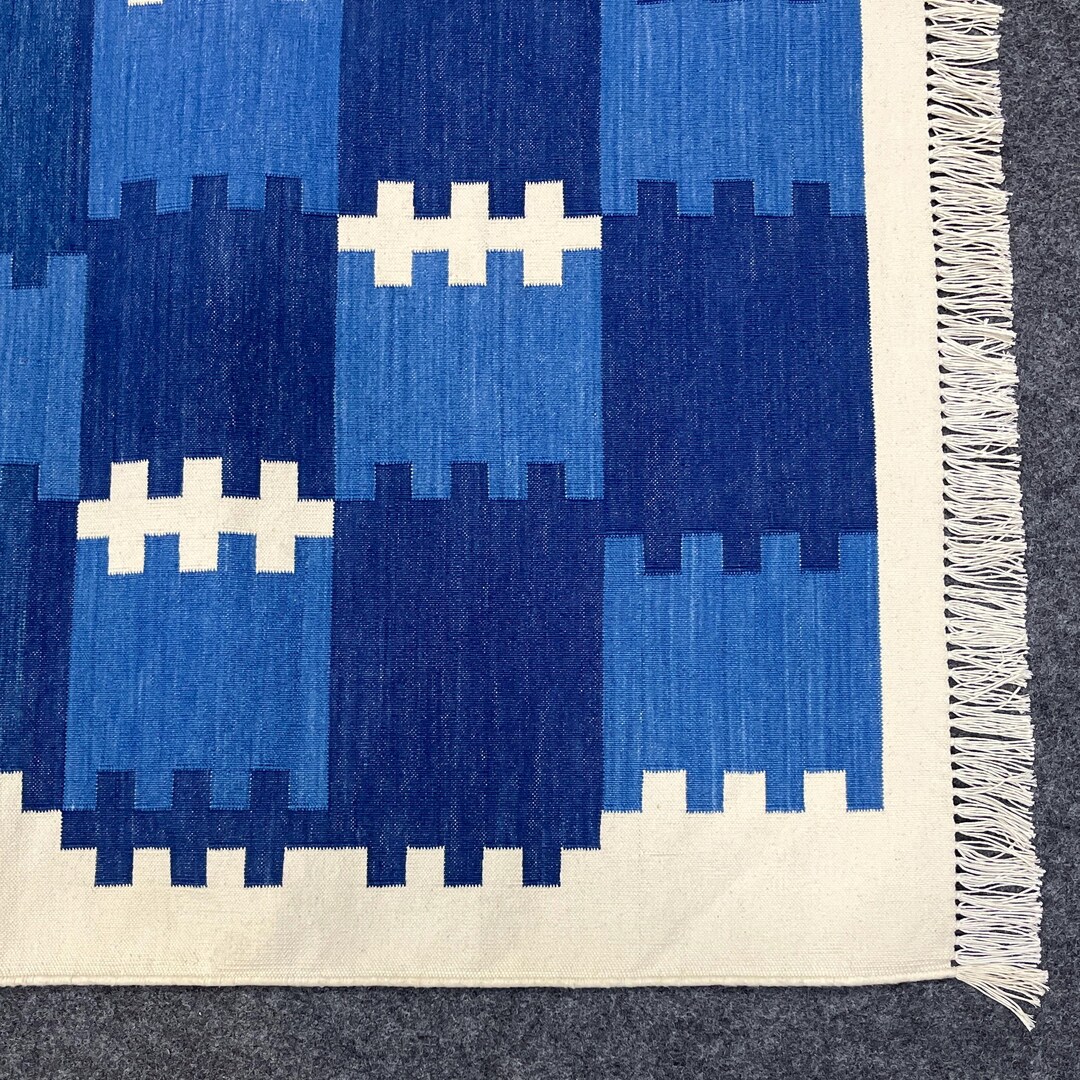 Handwoven Dhurrie Rug Blue Grid Pattern Cotton Rug, Mid-century Modern ...