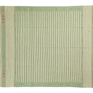 Modern Handmade Cotton Area Rug, Natural Vegetable Dyed Green Striped Indian Dhurrie Rug, Flatweave Reversible Eco-Friendly Wall Tapestry