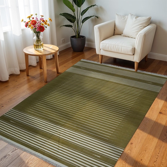 Reversible Handmade Cotton/Wool Rug, Beige Striped Handwoven Vegetable Dyed Indian Dhurrie, Flat weave Washable Rug For Bedroom Decor