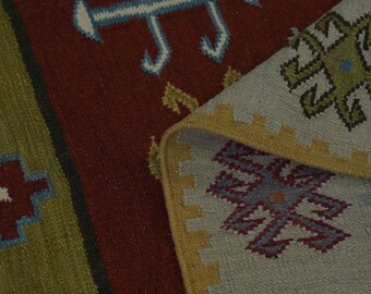 Wendbarer handgemachter Baumwoll / Wollteppich, handgewebter pflanzlich gefärbter indischer Dhurrie, flacher gewebter waschbarer nachhaltiger Teppich für Wohn- und Schlafzimmerdekor