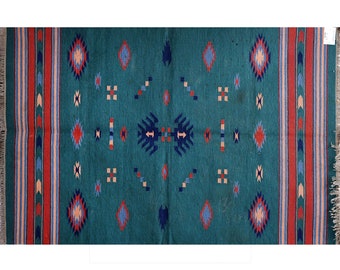 Teal Blue Handwoven Kilim Rug | Indian Cotton Dhurrie Flatweave Area Rug | Reversible Tribal Bohemian Living Room Carpet