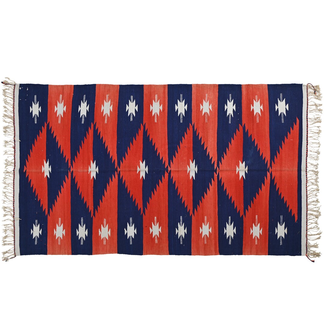 Punjabi Rugs Navy Blue Orange Punjabi Dhurrie Rug 3.6x6 Ft | Handwoven Flatweave ...