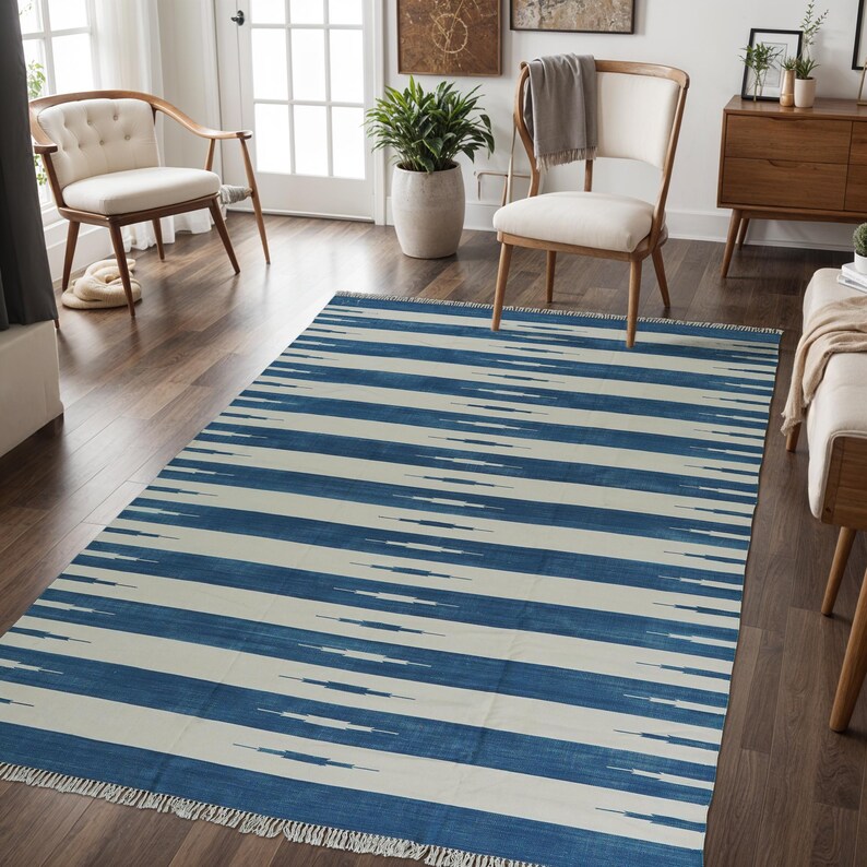 Handmade Cotton Area Rug, Indigo White Flat Weave Natural Vegetable ...