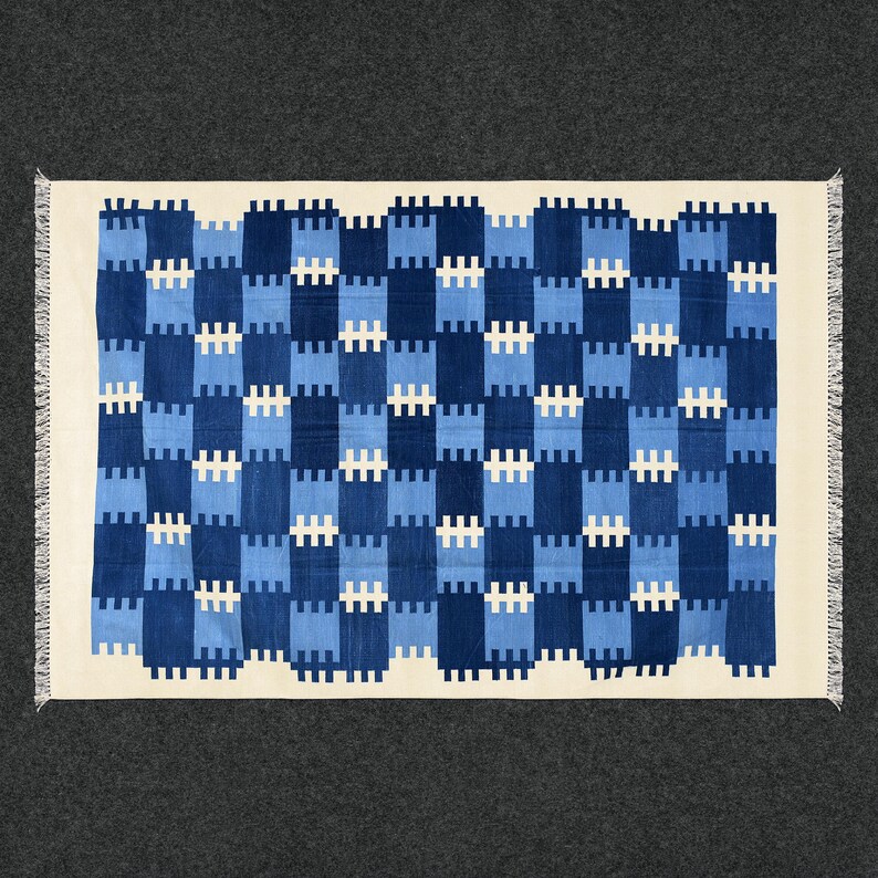Handwoven Dhurrie Rug Blue Grid Pattern Cotton Rug, Mid-century Modern ...