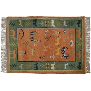 4 x 6 feet Handmade Vintage Carpet 80 years old Animal Design Mirzapur Area Rug Decorative Blue Color Home Decor Tribal Office Rug Carpet