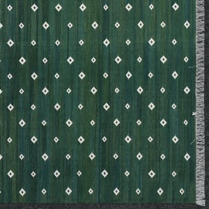 Handwoven Cotton Dhurrie Area Rug Green Reversible Diamond Motifs Flatweave Dhurry Sustainable Indian Kilim Home Décor Christmas Gift Rug